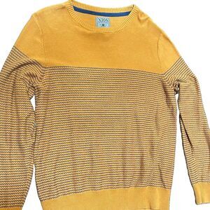 Grandpa Sweater Men M Mustard Yellow Blue Micro Striped Knit Crewneck Retro